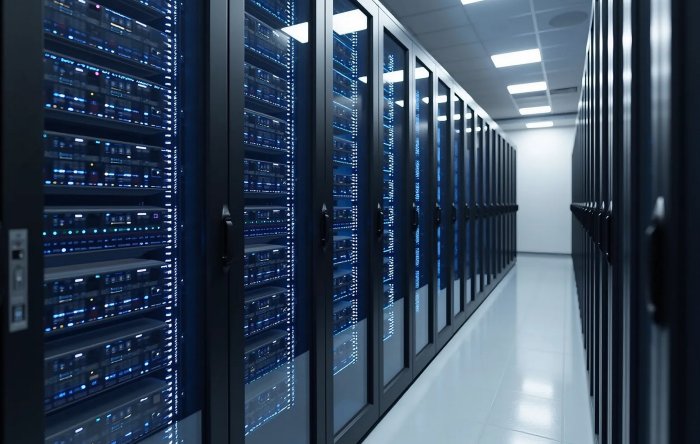 Reihe von Serverschränken mit leuchtenden LEDs in einem modernen, sauberen Datenzentrum von PowerUP