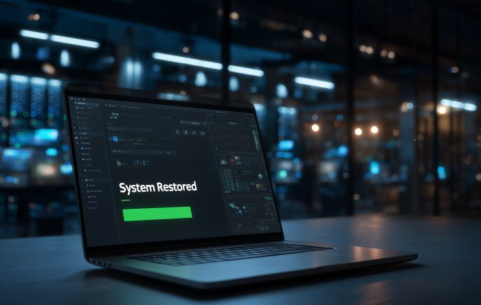 Techniker bei der Fernwartung von Servern in einem beleuchteten Rechenzentrum von PowerUP