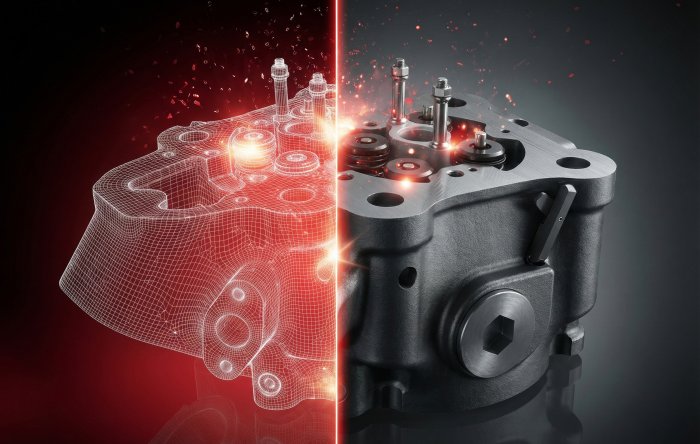 Detailansicht eines Zylinderkopfs von PowerUP, symbolisiert Innovation und Präzision im Maschinenbau.